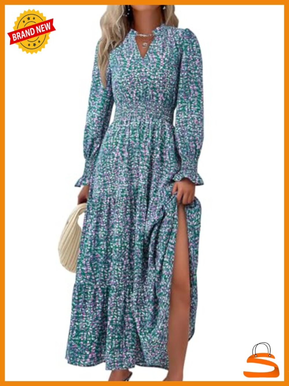 Floral Maxi Dress Long Sleeve V Neck A-Line Boho Fall Wedding Guest